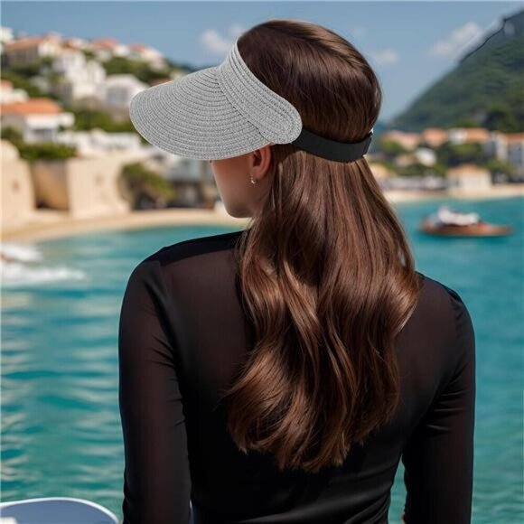 Gray Wide Brim Straw Sun Visor Hat – Packable Straw Visor with Adjustable Fit - Picture 7 of 8